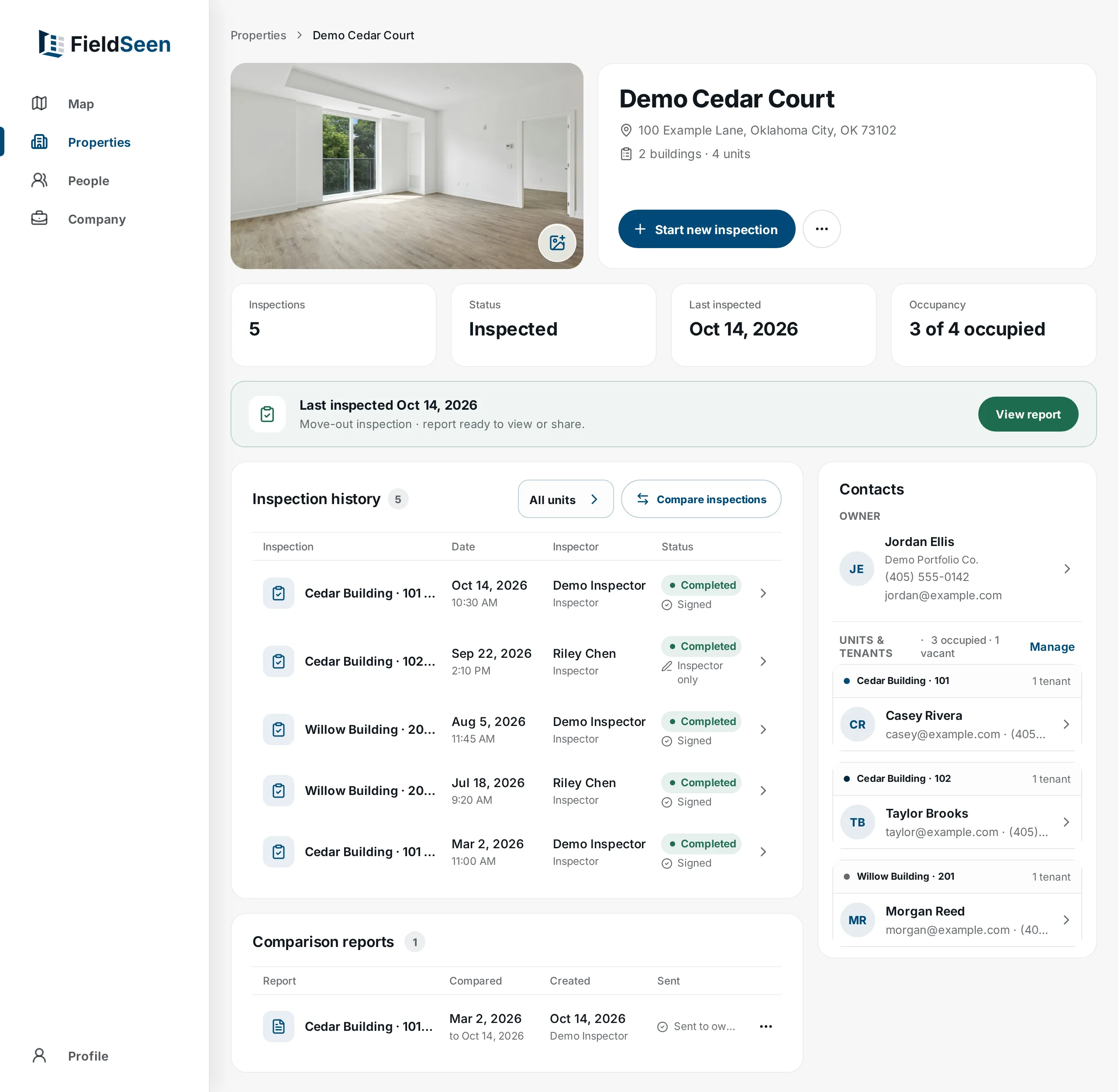FieldSeen on a computer: a demo property's page with its photo, owner and tenants, inspection history with signatures, and a saved move-in vs move-out comparison report.